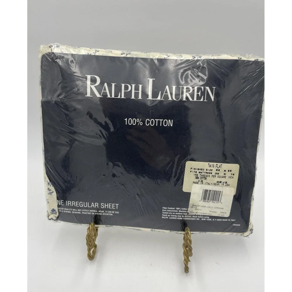 New Ralph Lauren TWIN Flat Ruffled‎ Sheet Americana Calico Blue Flowers NOS